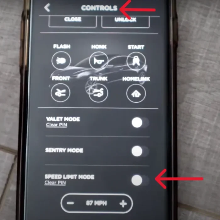 Tesla app interface showing how to set and enable Speed Limit Mode, including entering a 4-digit PIN and saving the new speed limit.