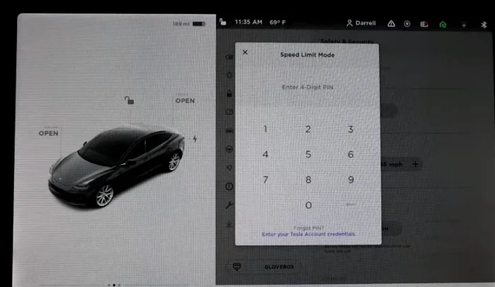 Tesla car screen for entering a 4-digit PIN to apply and save the adjusted speed limit