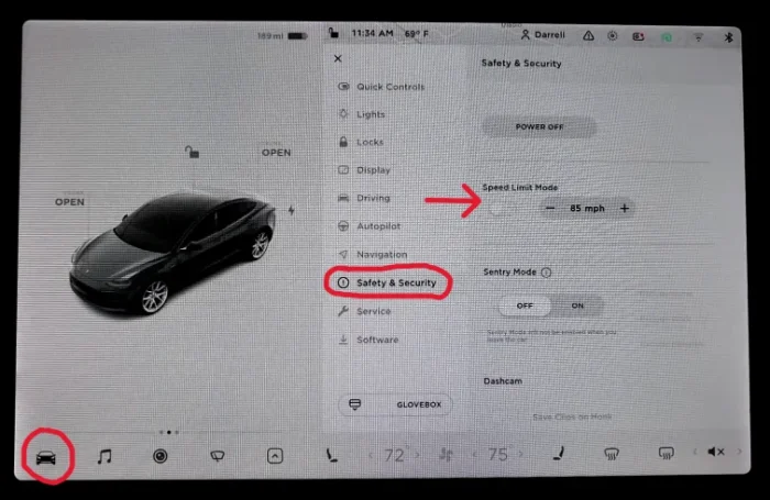 Tesla touchscreen interface showing how to set and enable Speed Limit Mode, including entering a 4-digit PIN and saving the new speed limit.