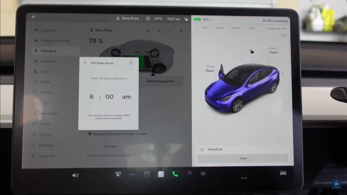 Tesla interface for specifying the end time of the off-peak charging period and setting the schedule.