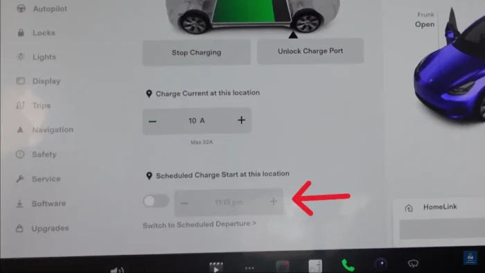 Tesla app interface showing options to set a departure time, select off-peak charging, and save the settings.