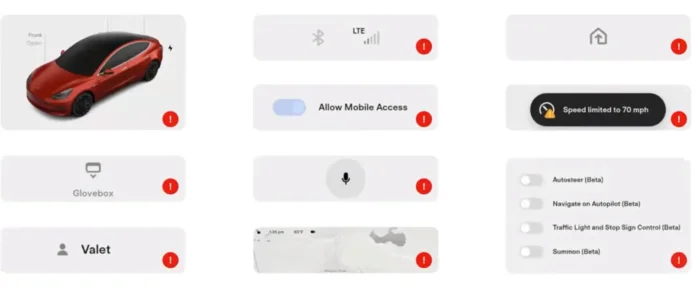 Diagram or screen interface illustrating the restricted features and settings in Tesla's Valet Mode, including limited speed, locked frunk and glove box, disabled voice commands, and restricted access to apps and driver profiles