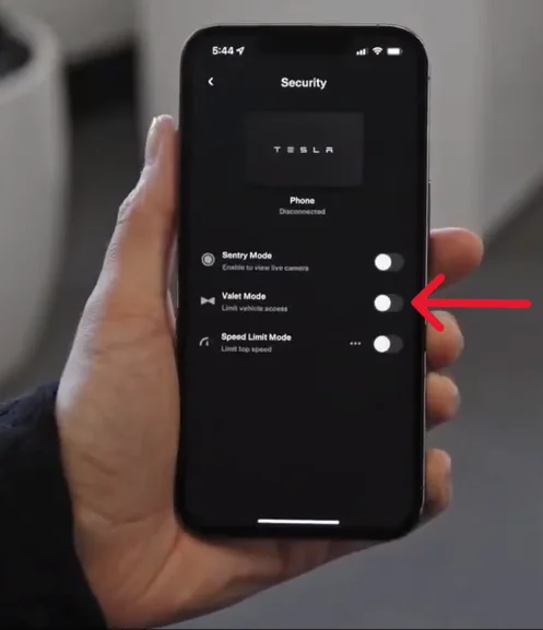 Tesla app screen with the option to toggle Valet Mode on for activation