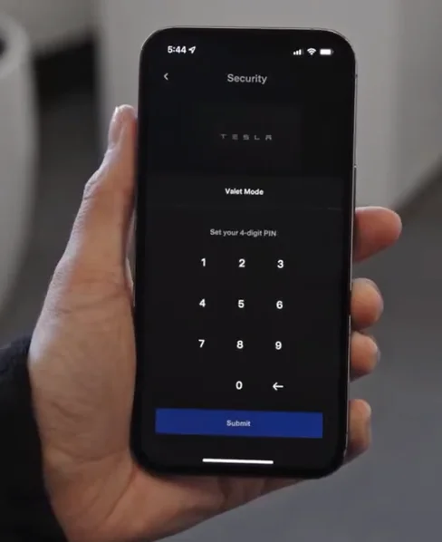 Tesla app interface showing that no PIN is required if signed into the Tesla account; otherwise, a PIN must be entered.