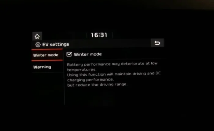 winter mode setting on screen display Kia e-Niro